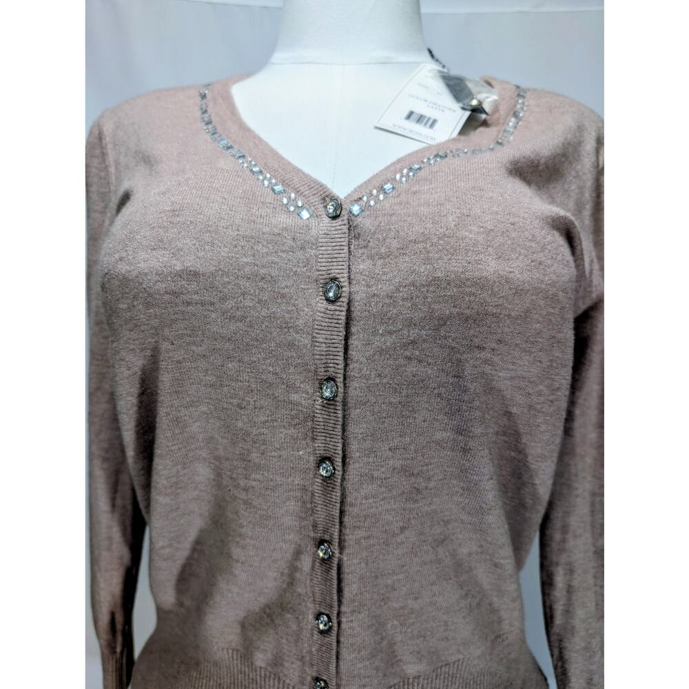 Sioni Heather Latte Wool Blend Beaded Button Cardigan Sweater Size M NWT